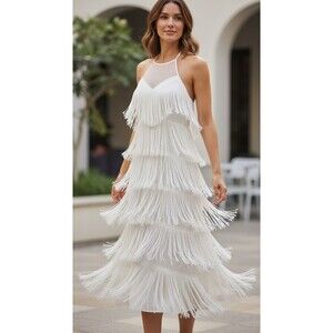 DESIGNER BOOHOO WHITE FRINGE HALTER NECKLINE MIDI CALF PARTY WEDDING DRESS LARGE